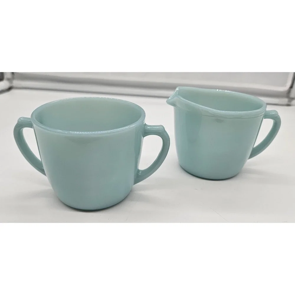 Fire-King Turquoise Blue Milk Glass Creamer and Sugar Bowl Set Vintage USA MCM